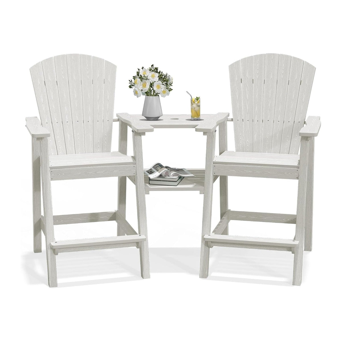 PLUUV Tall Adirondack Chairs Set of 2 with Double Connecting Trays, White