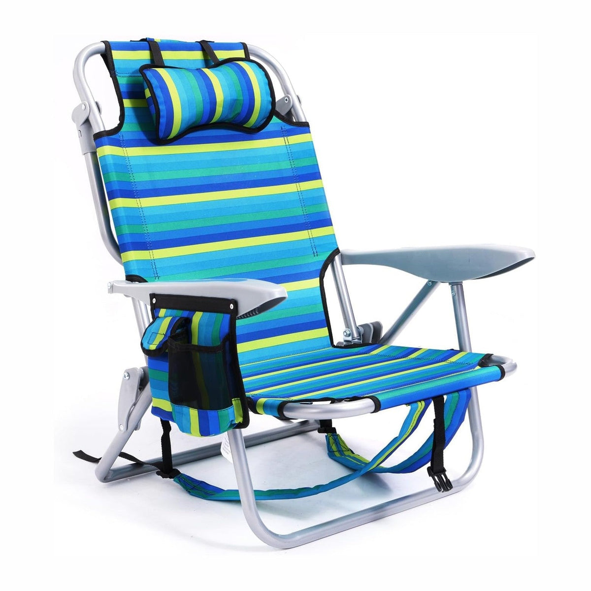 Portable Beach Chair for Adults, Outdoor Camping Chair Lay Flat Folding Backpack Beach Reclining Chair with 5 Positions, Headrest, Cup Holder, Heavy Ocean Striped