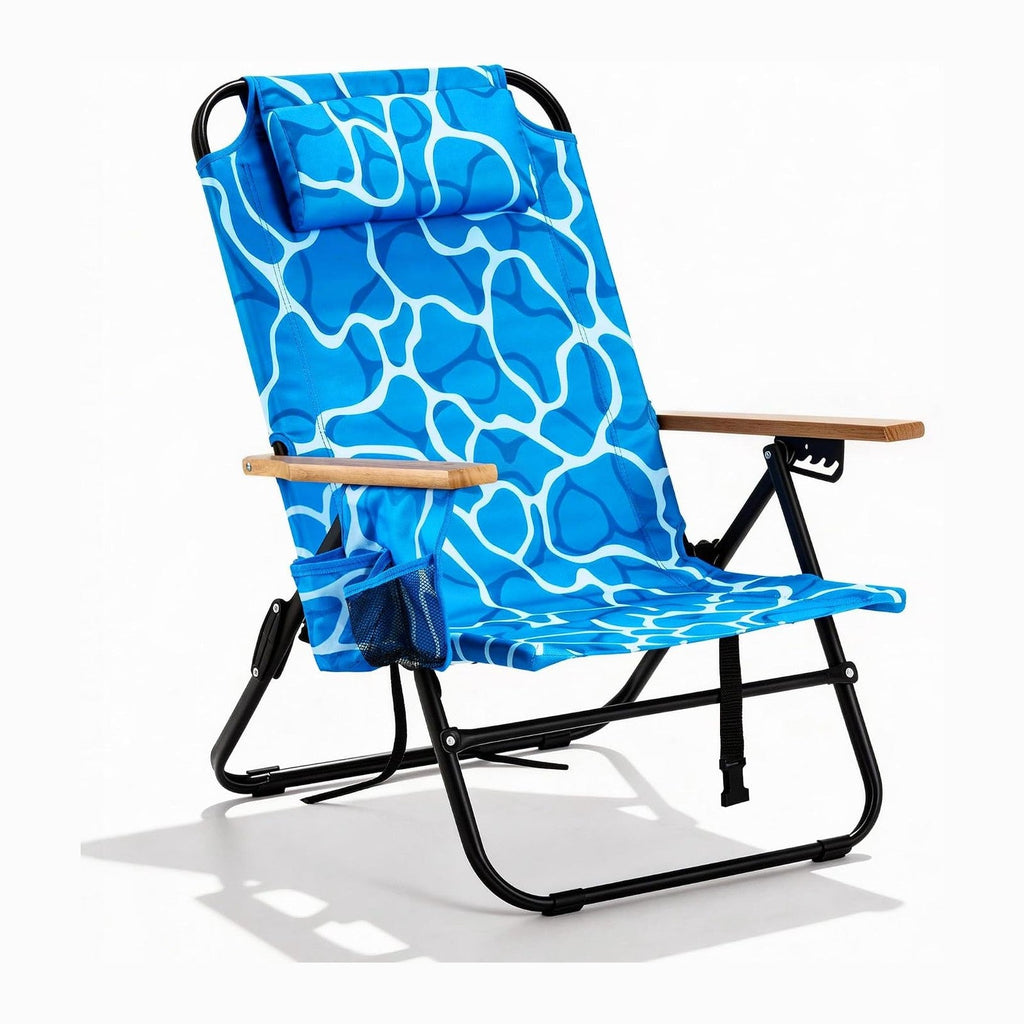 Premium Portable Camping Chair 5-Position Recliner Beach Folding Lightweight Outdoor Chair with Wooden Armrests, Headrest, Multi-Pockets Heavy Duty 350lbs, for Patio, Backyard, Ocean Wave Blue