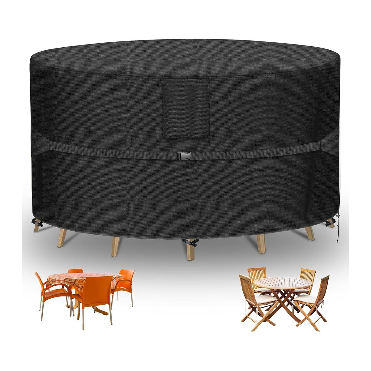 RICHIE Round Patio Furniture Covers - 600D Heavy Duty Waterproof Outdoor Table Cover, Lawn Furniture Set Covers for Dining Table and Chairs Seating 96"DIAx28"H