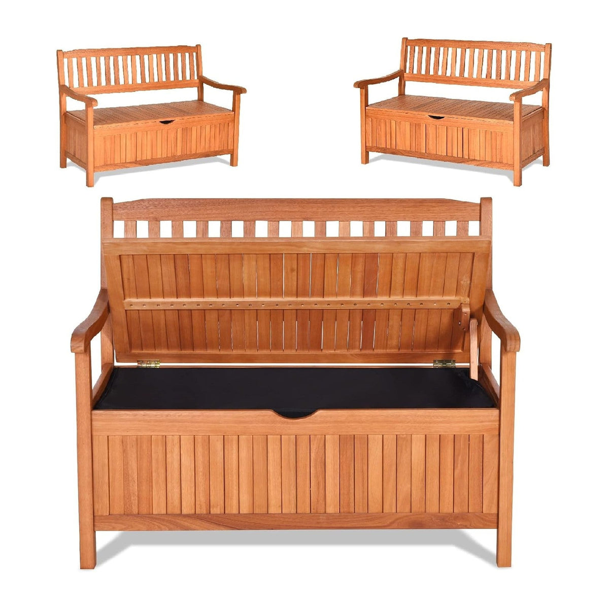 S AFSTAR Outdoor Patio Bench with Storage Box, 33 Gallon Storage Bench Deck Box with Dustproof Liner, Comfort Backrest & Wide Armrest, 800 lbs Capacity, Wood Bench for Garden Patio Park Porch