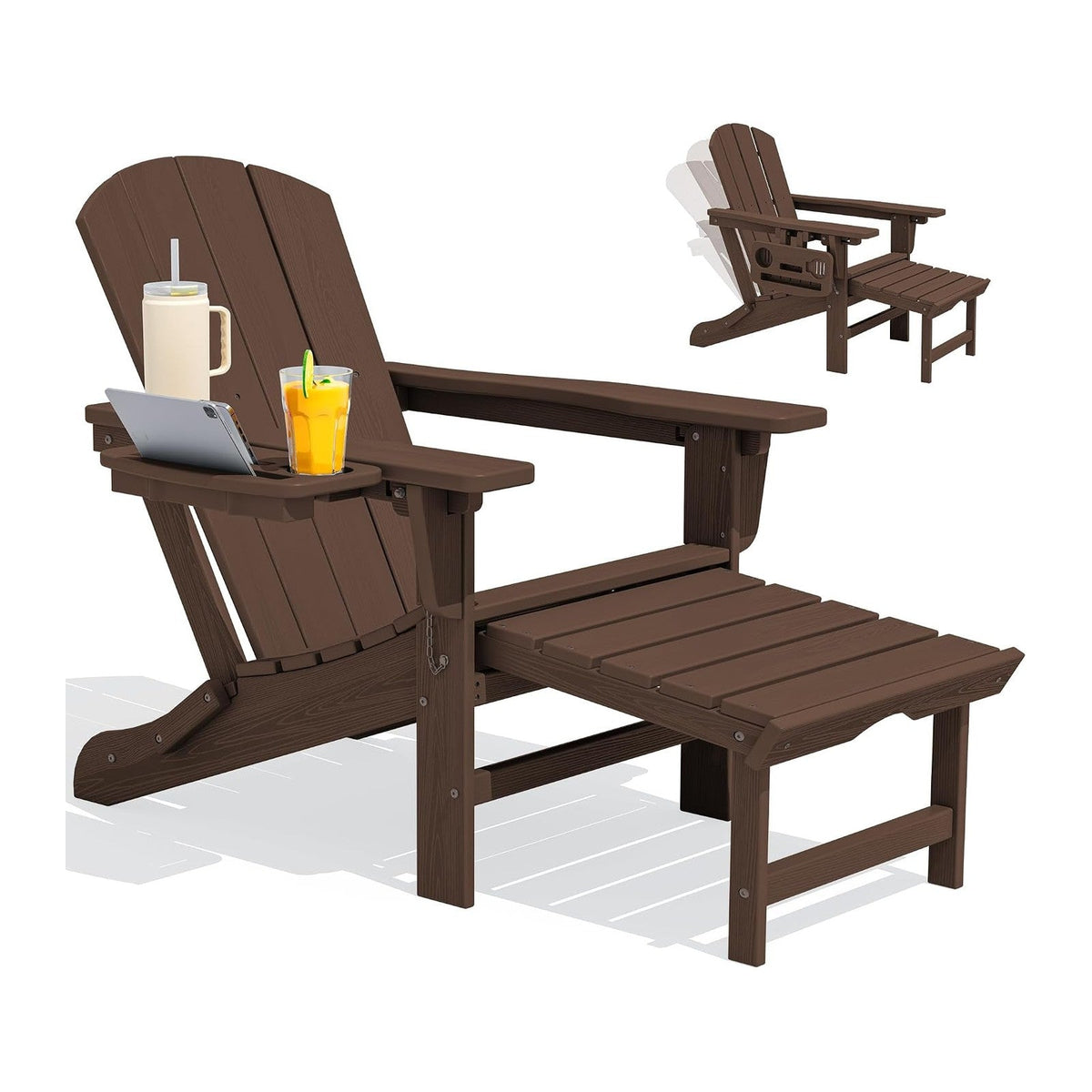 SERWALL Folding Adjustable Adirondack Chair with Footrest, HDPE Outdoor Chair with 4-in-1 Cup Holders, All Weather Adirondack Chair with Ottoman, Coffee
