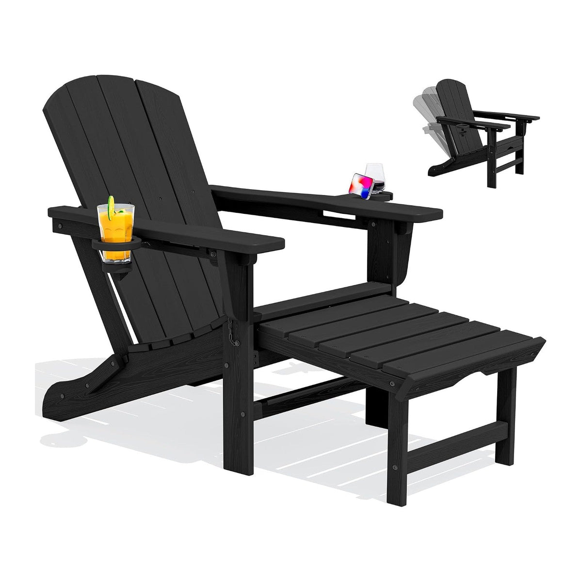 SERWALL HDPE Folding Adjustable Adirondack Chair with Footrest, Black