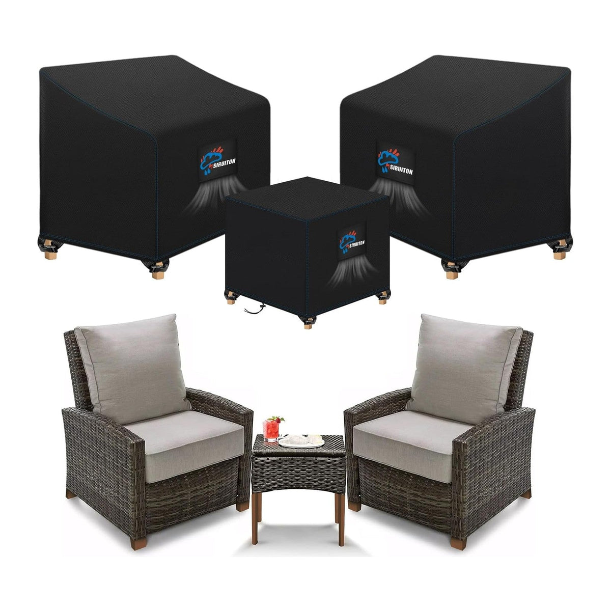 SIRUITON 3 Piece Outdoor Veranda Patio Garden Furniture Cover Set with 420D Durable and Water Resistant Fabric,Fit for Outdoor Wicker Patio Furniture Sets/Rattan Chair Conversation Sets-Balck