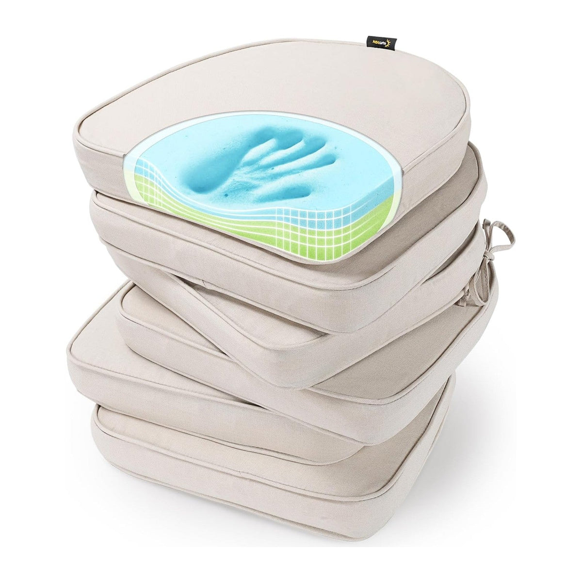 SUNROX Gel Memory Foam Chair Cushions, FadeShield Water-, Stain-Resistant Durable Reversible Seat Cushion Pads with Ties for Indoor/Outdoor Kitchen Dining Office 17"x16" Set of 6, Cream