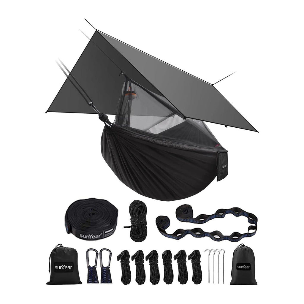 Sunyear Hammock Camping with Rain Fly Tarp and Net, Portable Camping Hammock Double Tree Hammock Outdoor Indoor Backpacking Travel & Survival, 2 Tree Straps,100% Waterproof Black Bundle