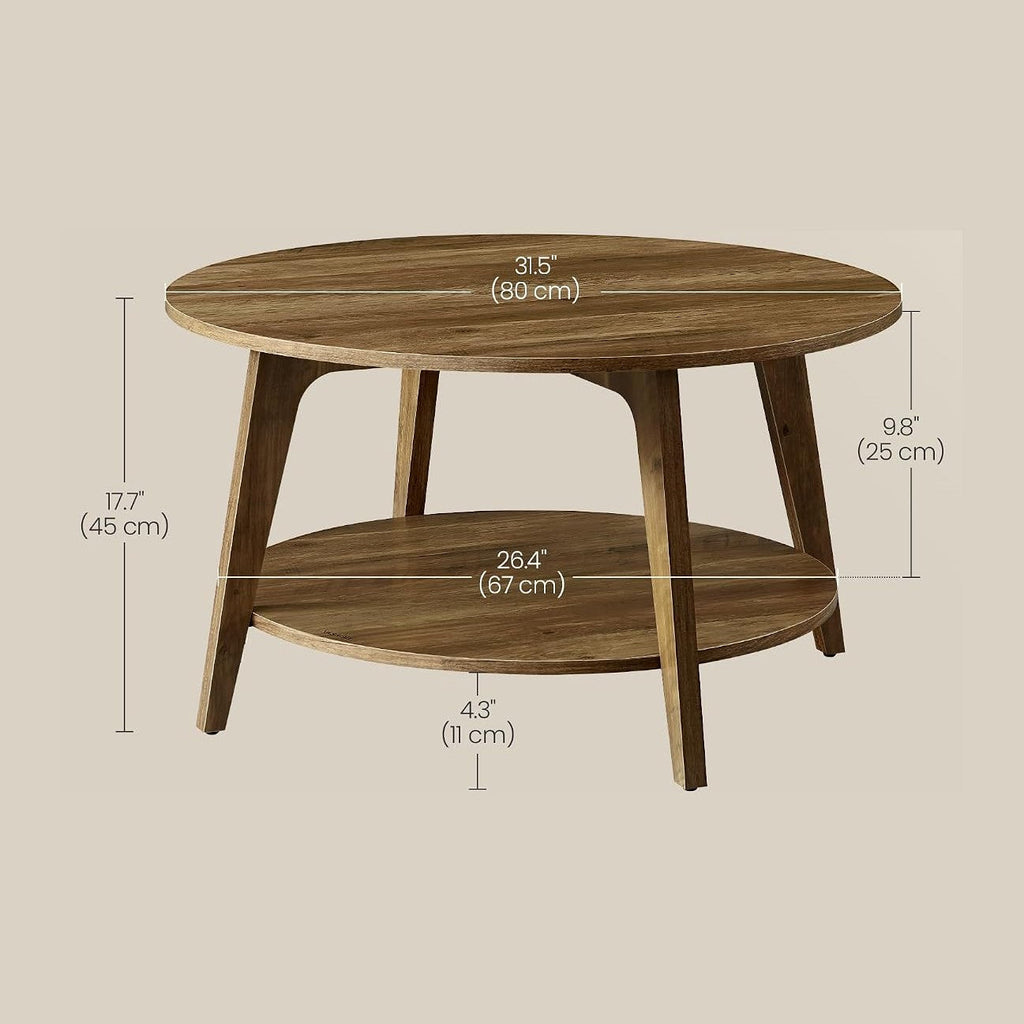 VASAGLE Round Coffee Table, 2-Tier Center Table with Storage, Tapered Legs