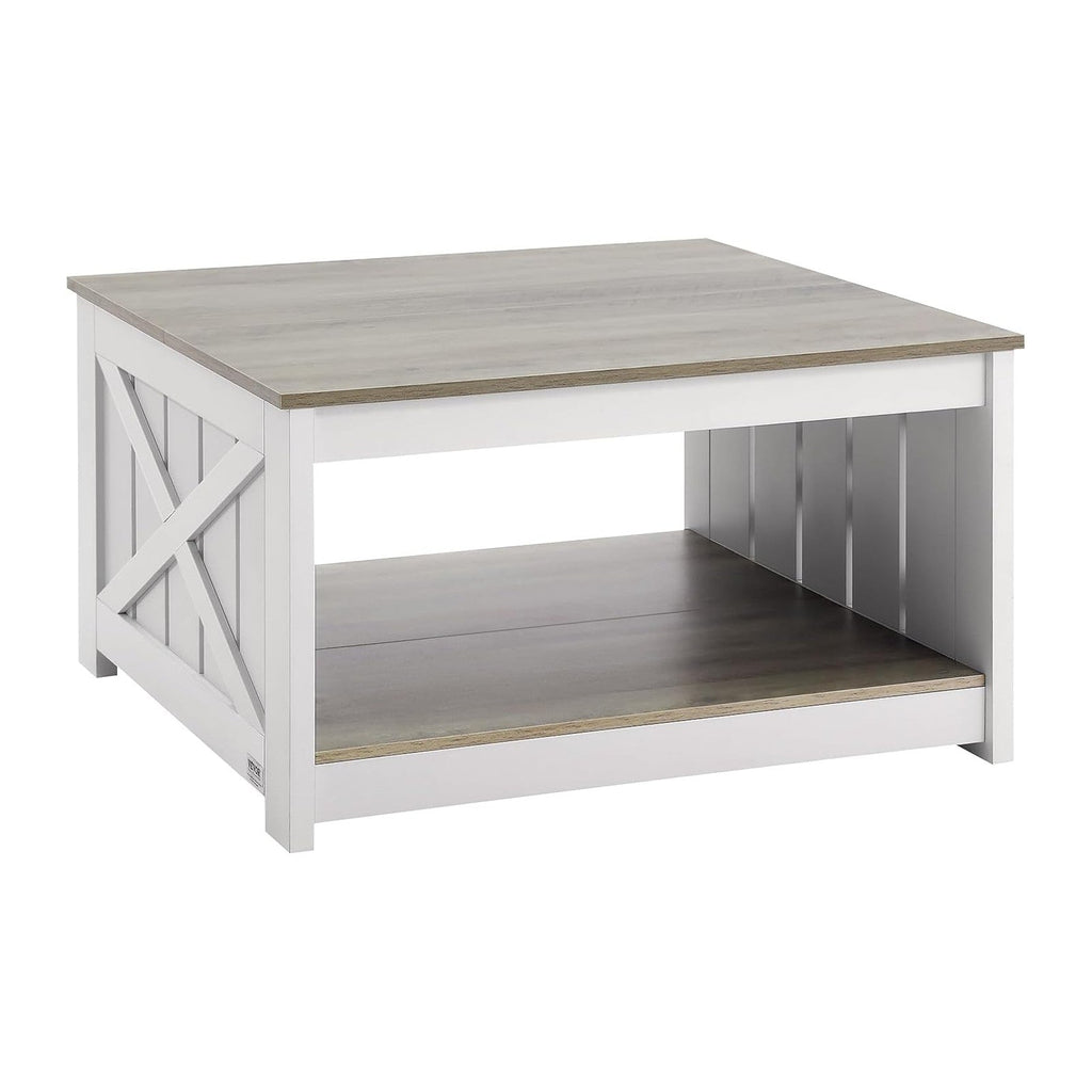 VEVOR 31.5" Farmhouse Coffee Table, Square Coffee Table with Open Storage Compartment, Wooden Rustic Cocktail Table for Living Room, Bedroom, Apartment, Studio, Grey & White