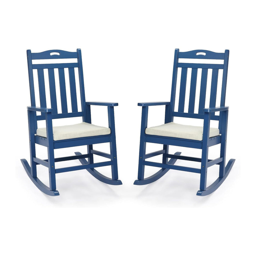 VINGLI Outdoor Rocking Chair Set of 2 Wood Rocking Chair with Cushion Blue