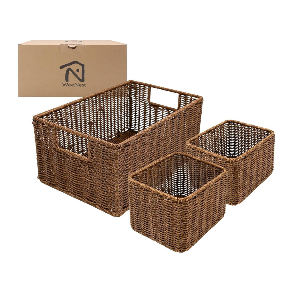 WeeNest Wicker Basket with Handle, Shelf Baskets for Organizing, Woven Organization Storage with Handles, Resin Wicker Set of 3, Toffee