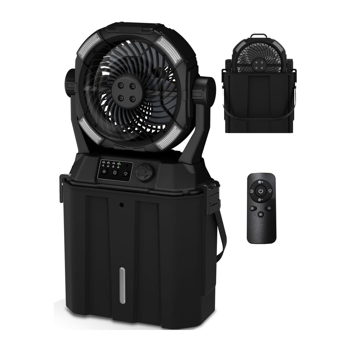 Wilody Portable Misting Fan Rechargeable with Remote Control, 6L Bucket Camping Fan with LED Lights & Stepless Speed Control & Cooling Mist, Portable Handle & Rotate Hook, Timer Function