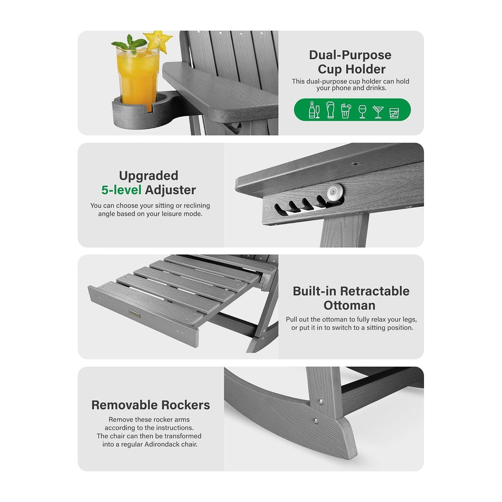 YEFU Adirondack Rocking Chairs, Adirondack Chair with Footrest, Grey