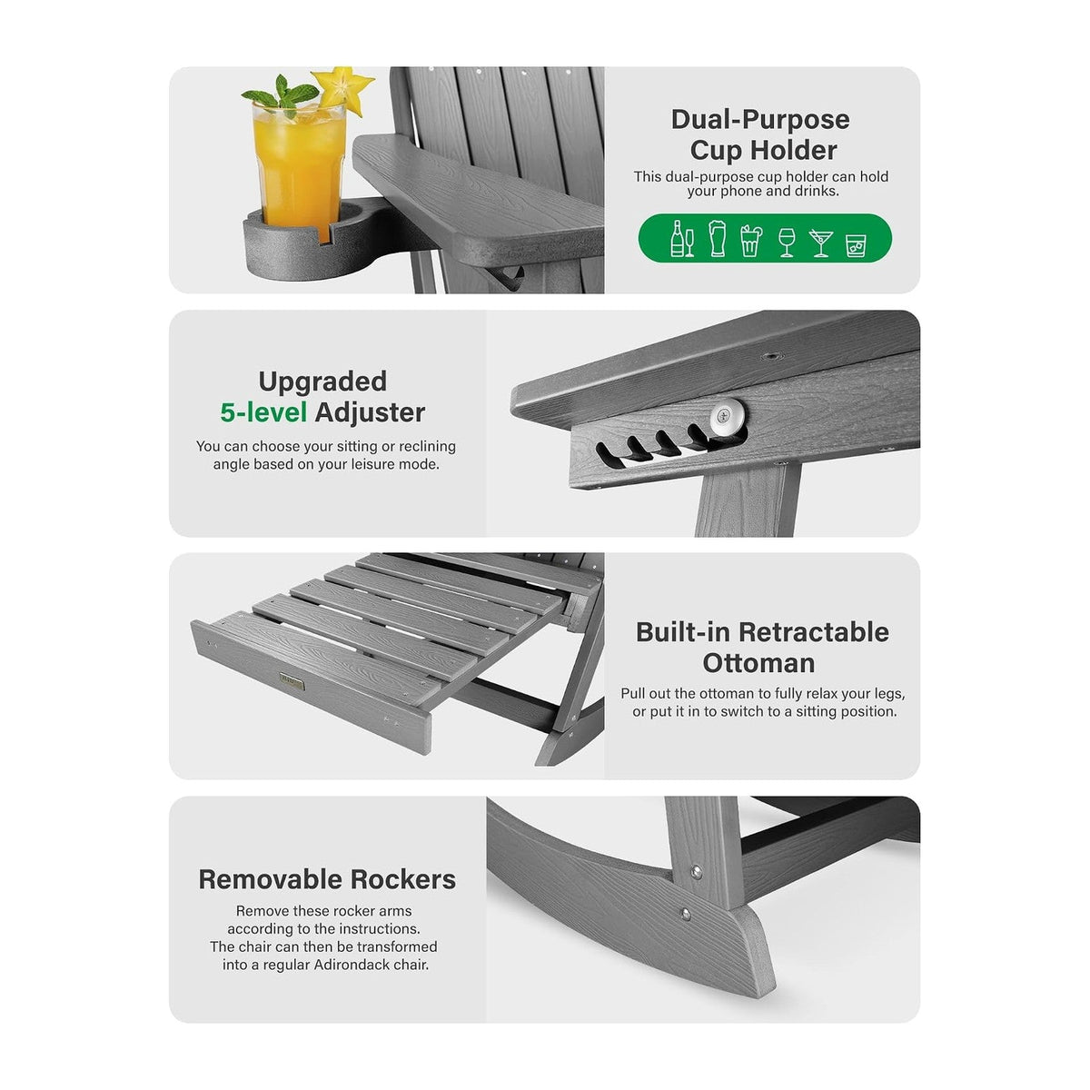 YEFU Adirondack Rocking Chairs, Adirondack Chair with Footrest, Grey