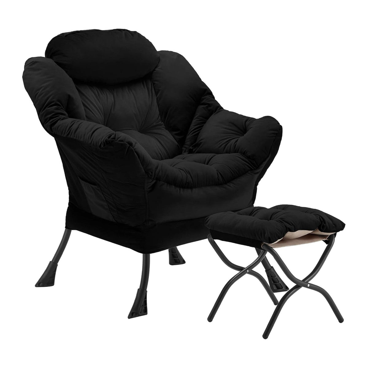 Youtanic Lazy Chair with Folding Ottoman, Accent Chair Velvet Upholstered with Metal Structure and Non-Slip Pads, Sofa Armchair with Footrest and Side Storage Bag for Dorm, Room, Office, Black
